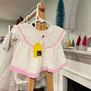 Hand crafted Vintage sweater knit cardigan white pink heart buttons 0-3 months
